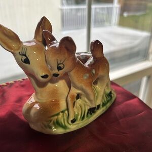 Vintage ceramic doe and fawn figurine- hand painted, glazed and delicate-